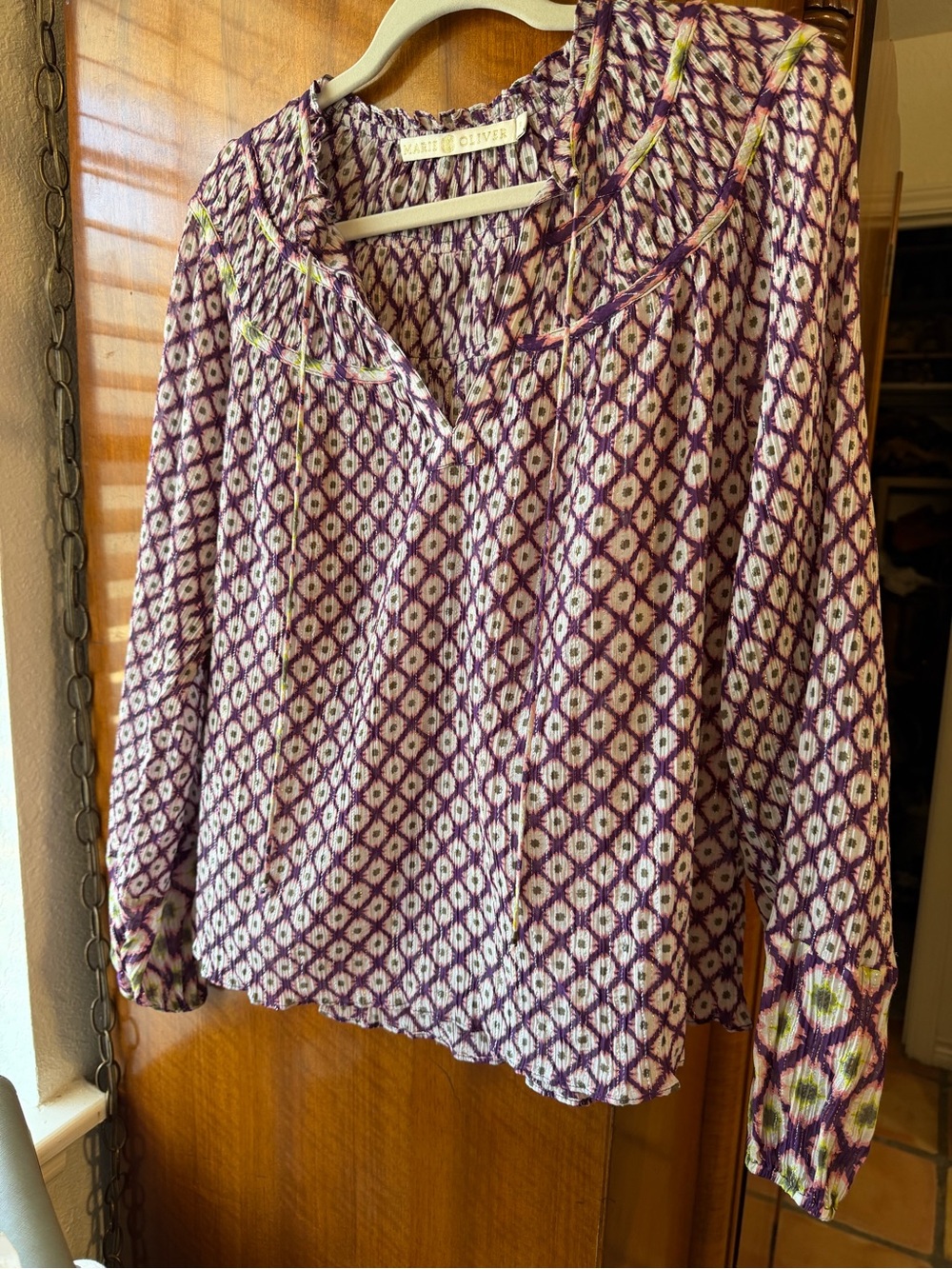 Marie Oliver Purple Metallic Ikat Ruffle Blouse Size S Boho